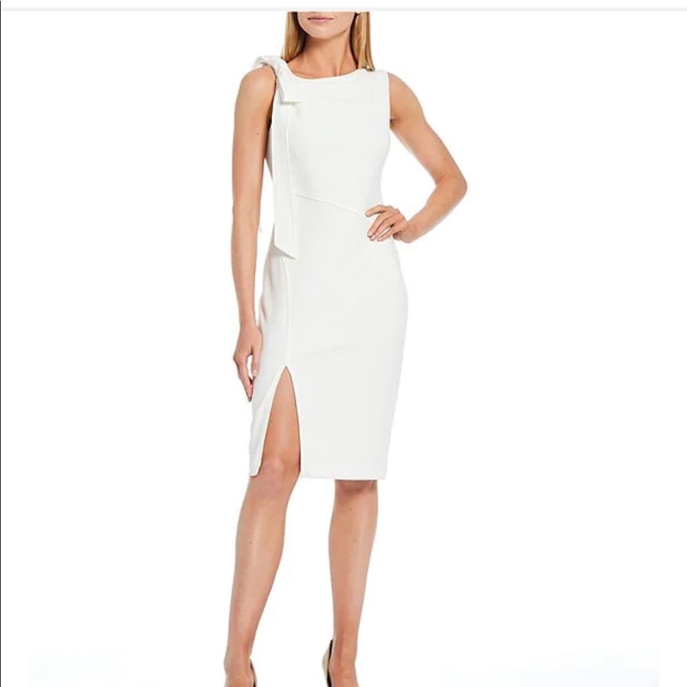 Calvin Klein Tie Shoulder Asymmetric Neck Thigh High Slit Sheath Dress